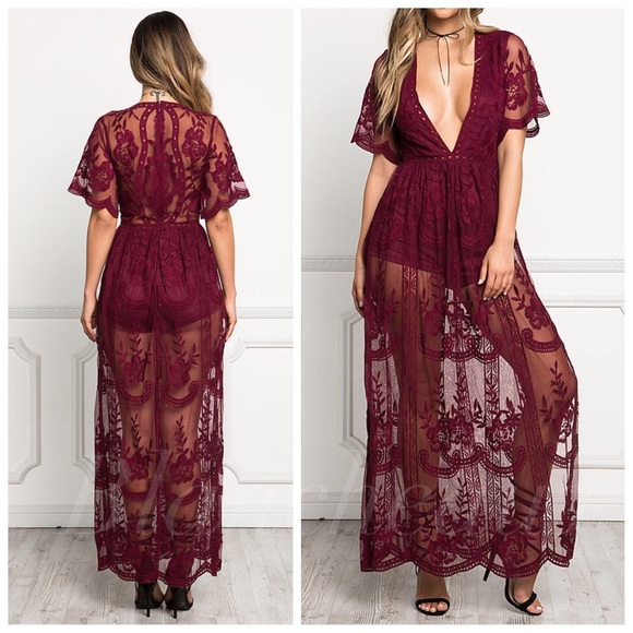 LAST! Small Wine plunge maxi lace romper dress - Picture 3 of 6